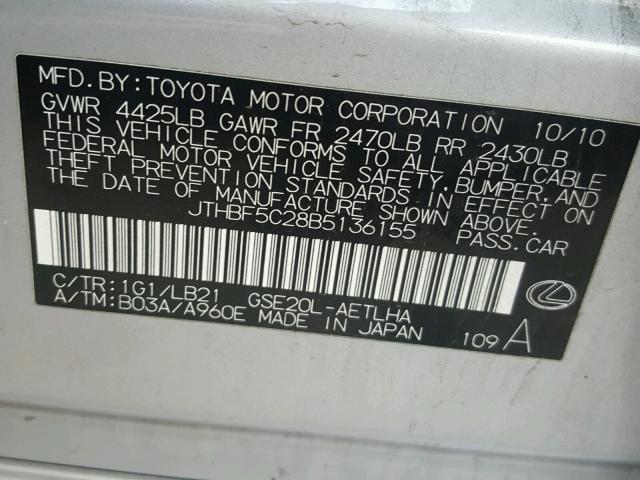 JTHBF5C28B5136155 - 2011 LEXUS IS 250 SILVER photo 10