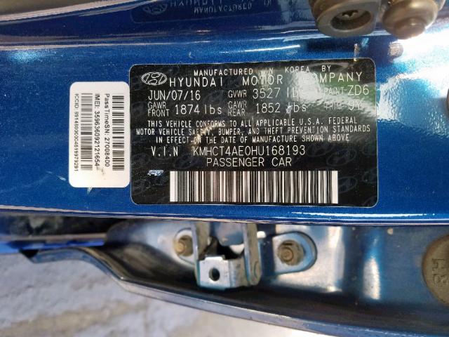 KMHCT4AE0HU168193 - 2017 HYUNDAI ACCENT SE BLUE photo 10