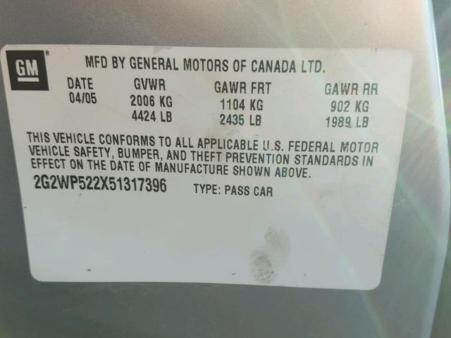 2G2WP522X51317396 - 2005 PONTIAC GRAND PRIX SILVER photo 10
