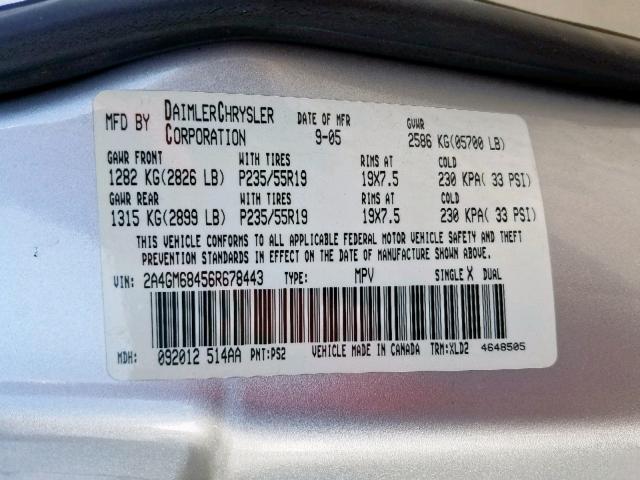 2A4GM68456R678443 - 2006 CHRYSLER PACIFICA T SILVER photo 10