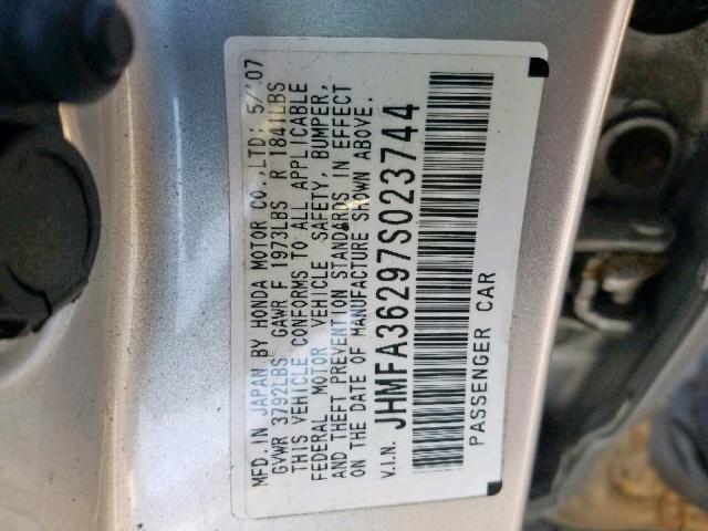 JHMFA36297S023744 - 2007 HONDA CIVIC HYBR SILVER photo 10