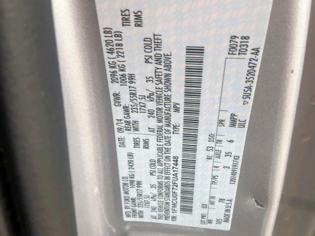 1FMCU0F72FUA17448 - 2015 FORD ESCAPE S SILVER photo 10