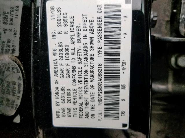 1HGCP268X9A068218 - 2009 HONDA ACCORD EXL BLACK photo 10