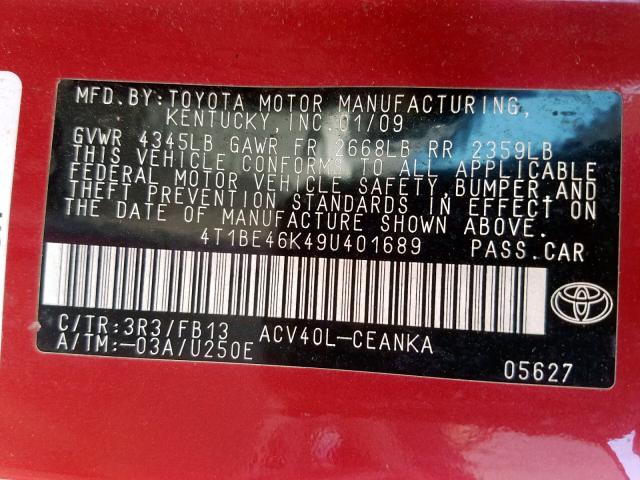 4T1BE46K49U401689 - 2009 TOYOTA CAMRY BASE RED photo 10