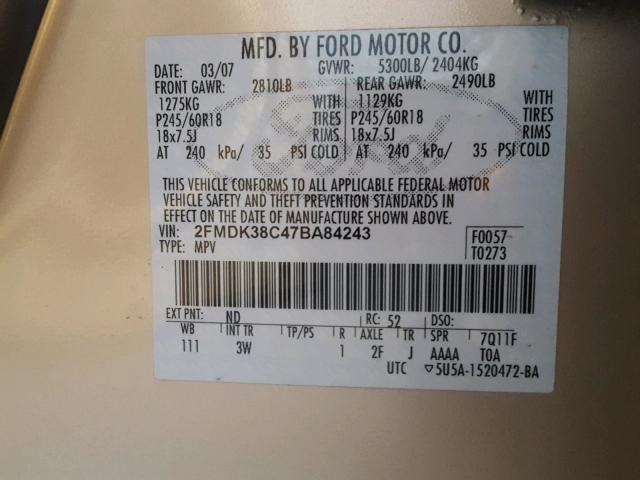 2FMDK38C47BA84243 - 2007 FORD EDGE SEL TAN photo 10