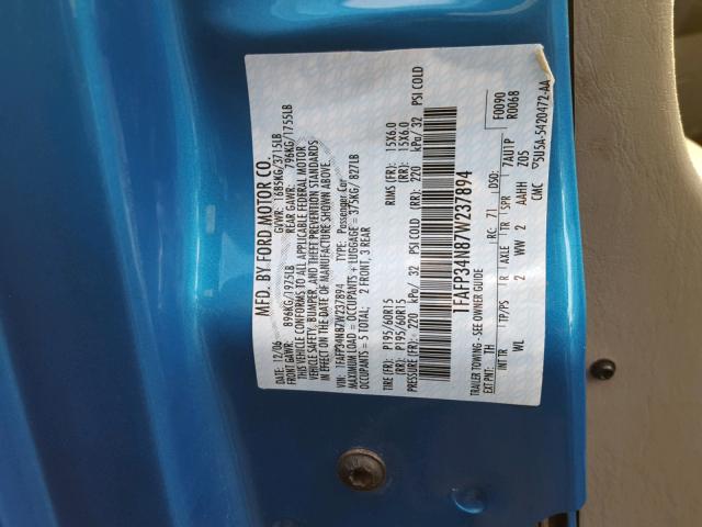 1FAFP34N87W237894 - 2007 FORD FOCUS ZX4 BLUE photo 10