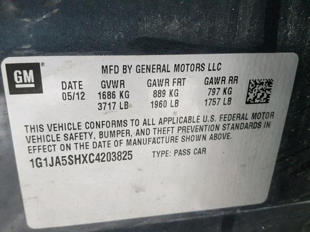 1G1JA5SHXC4203825 - 2012 CHEVROLET SONIC LS GRAY photo 10