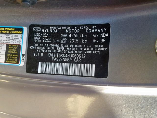 KMHHT6KD4BU060612 - 2011 HYUNDAI GENESIS CO GRAY photo 10