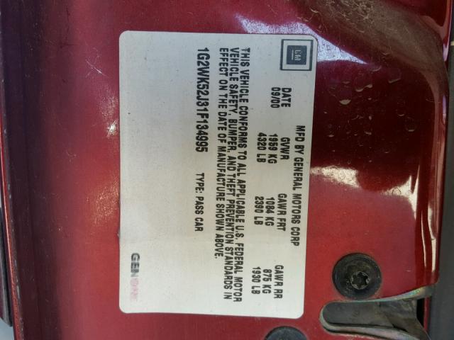 1G2WK52J31F134995 - 2001 PONTIAC GRAND PRIX MAROON photo 10