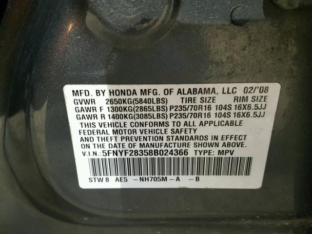 5FNYF28358B024366 - 2008 HONDA PILOT SE GRAY photo 10