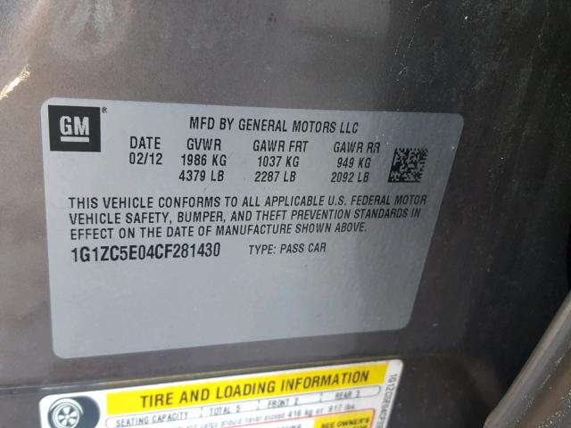 1G1ZC5E04CF281430 - 2012 CHEVROLET MALIBU 1LT CHARCOAL photo 10