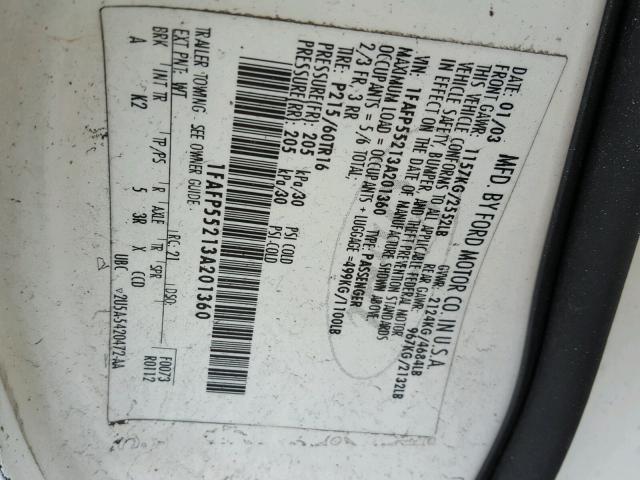 1FAFP55213A201360 - 2003 FORD TAURUS SES WHITE photo 10