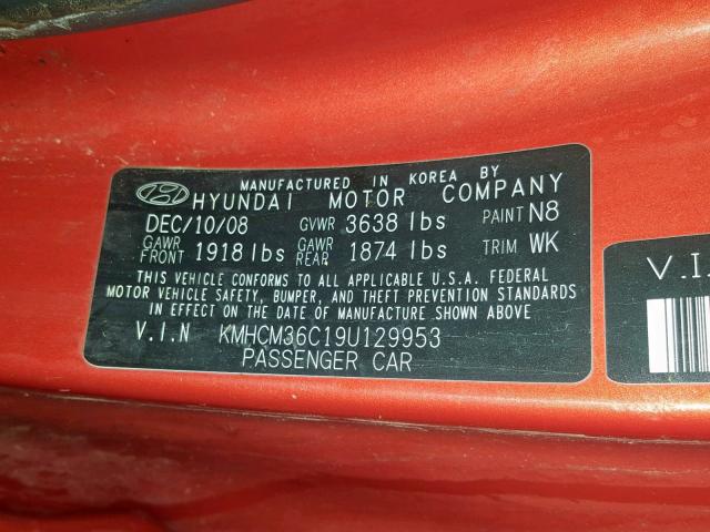 KMHCM36C19U129953 - 2009 HYUNDAI ACCENT GS ORANGE photo 10