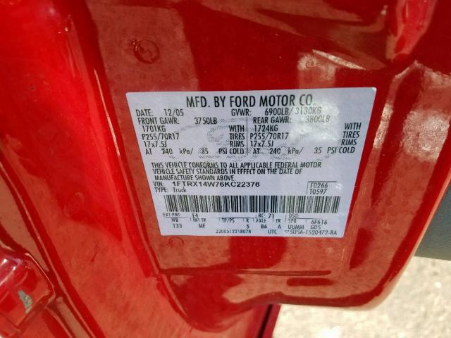 1FTRX14W76KC22376 - 2006 FORD F150 RED photo 10