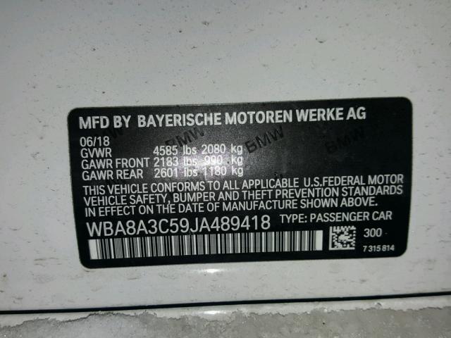 WBA8A3C59JA489418 - 2018 BMW 320 XI WHITE photo 10