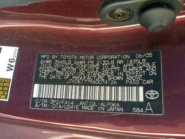 JTKDE177960074126 - 2006 TOYOTA SCION TC იასამნისფერი ფოტო 10