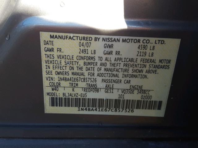 1N4BA41E67C857526 - 2007 NISSAN MAXIMA SE GRAY photo 10