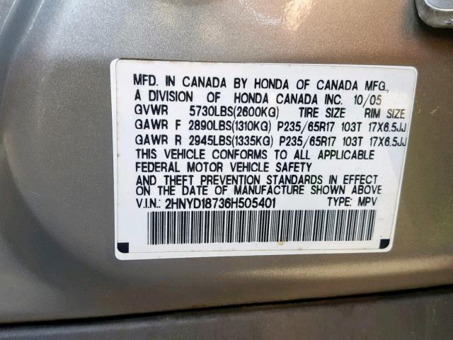 2HNYD18736H505401 - 2006 ACURA MDX TOURIN TAN photo 10