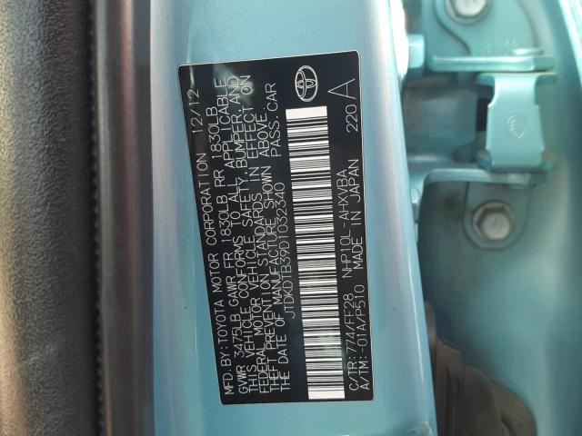 JTDKDTB39D1032340 - 2013 TOYOTA PRIUS C BLUE photo 10