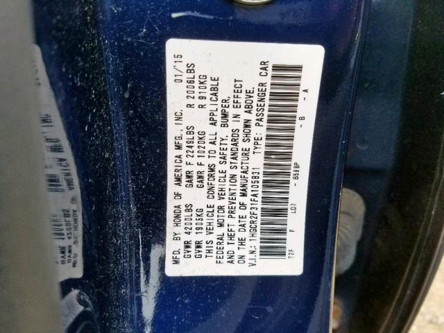 1HGCR2F31FA105831 - 2015 HONDA ACCORD LX BLUE photo 10