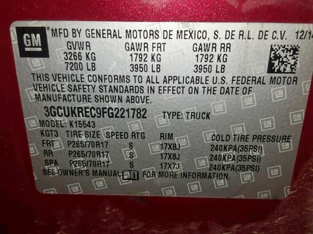 3GCUKREC9FG221782 - 2015 CHEVROLET SILVERADO BURGUNDY photo 10