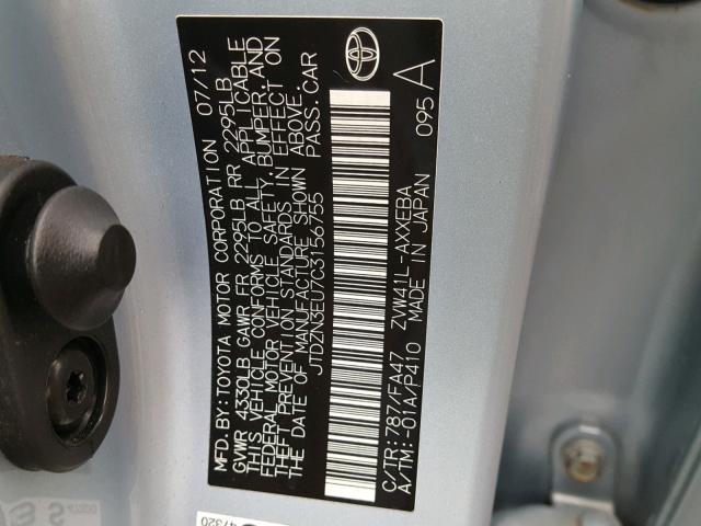 JTDZN3EU7C3156755 - 2012 TOYOTA PRIUS V BLUE photo 10