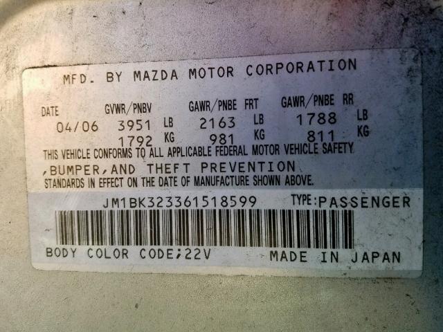 JM1BK323361518599 - 2006 MAZDA 3 S SILVER photo 10