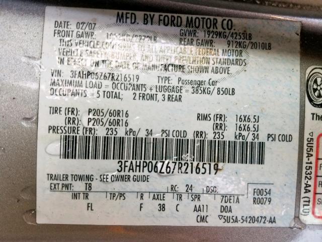 3FAHP06Z67R216519 - 2007 FORD FUSION S GRAY photo 10