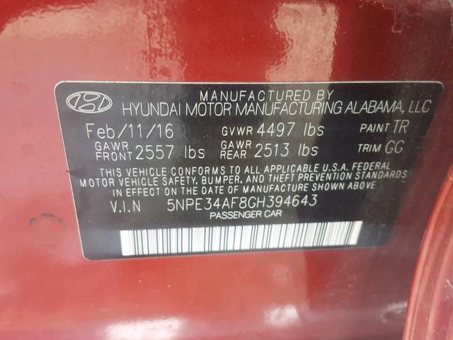 5NPE34AF8GH394643 - 2016 HYUNDAI SONATA SPO RED photo 10