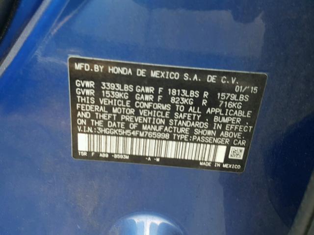 3HGGK5H54FM765998 - 2015 HONDA FIT LX BLUE photo 10