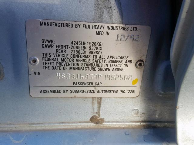 4S3BJ6339P7952608 - 1993 SUBARU LEGACY L BLUE photo 10