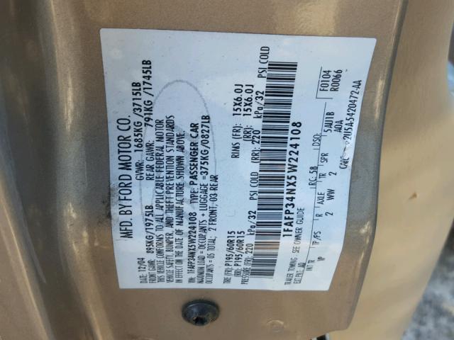 1FAFP34NX5W224108 - 2005 FORD FOCUS ZX4 GOLD photo 10