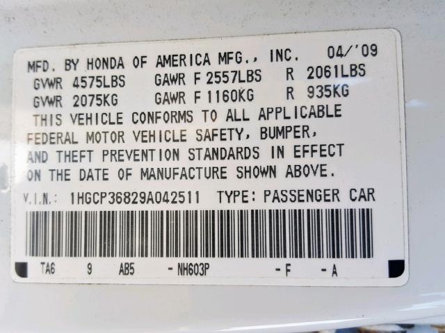 1HGCP36829A042511 - 2009 HONDA ACCORD EXL WHITE photo 10