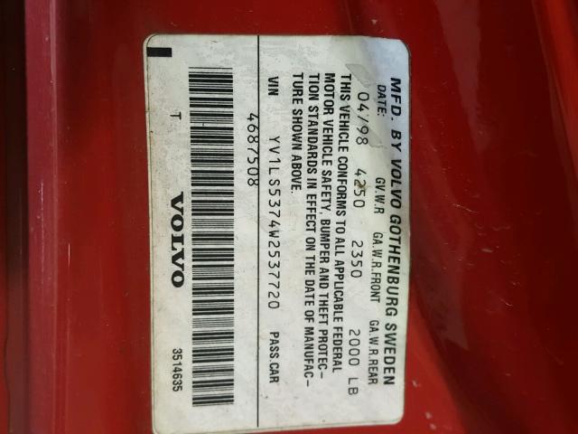 YV1LS5374W2537720 - 1998 VOLVO S70 T5 TUR RED photo 10