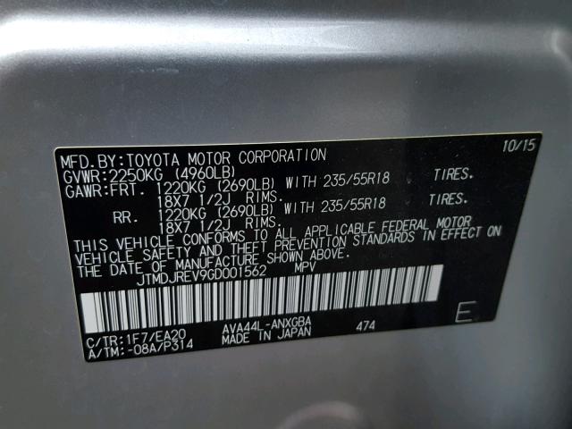 JTMDJREV9GD001562 - 2016 TOYOTA RAV4 HV LI SILVER photo 10