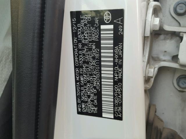 JTDKDTB31G1117872 - 2016 TOYOTA PRIUS C WHITE photo 10