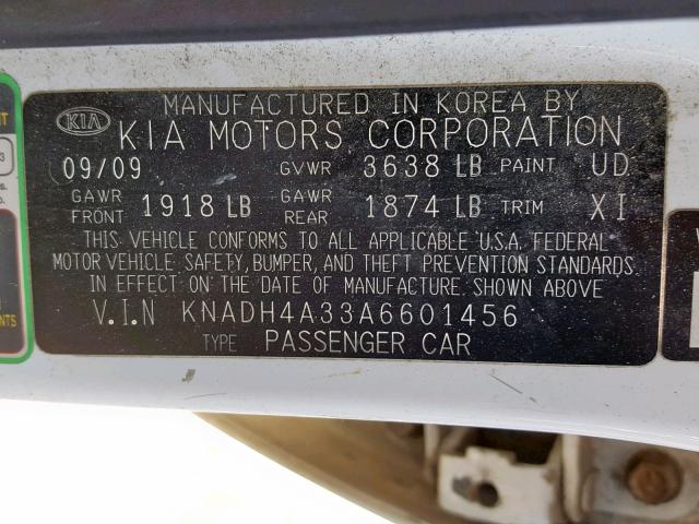 KNADH4A33A6601456 - 2010 KIA RIO LX WHITE photo 10