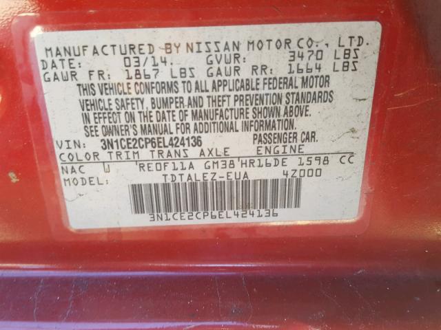 3N1CE2CP6EL424136 - 2014 NISSAN VERSA NOTE RED photo 10