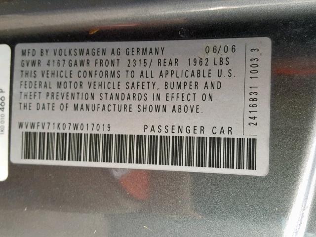 WVWFV71K07W017019 - 2007 VOLKSWAGEN NEW GTI FA GRAY photo 10