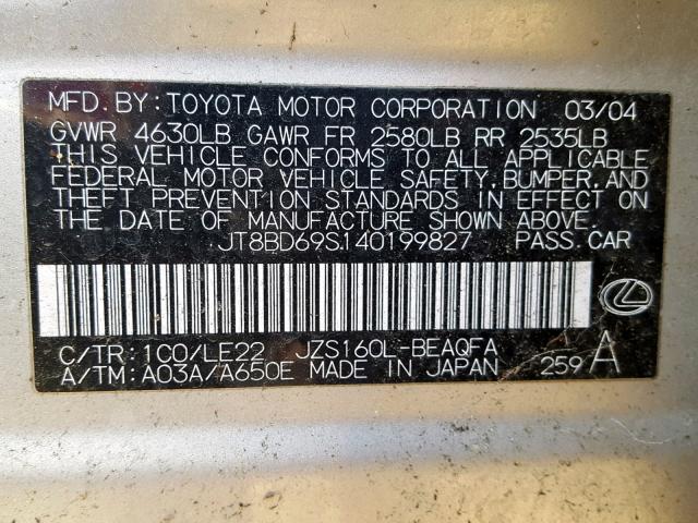 JT8BD69S140199827 - 2004 LEXUS GS 300 SILVER photo 10