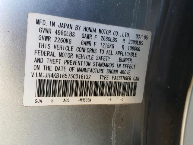 JH4KB16575C016132 - 2005 ACURA RL SILVER photo 10