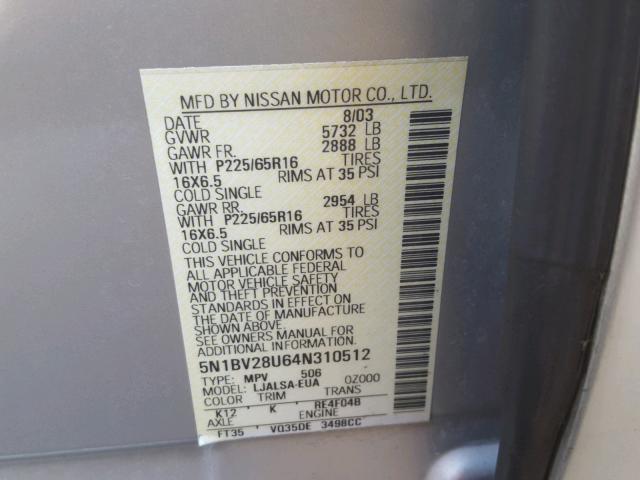 5N1BV28U64N310512 - 2004 NISSAN QUEST S SILVER photo 10