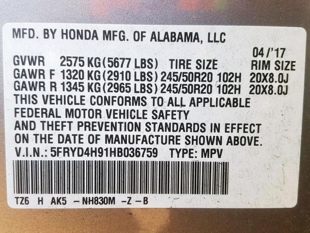 5FRYD4H91HB036759 - 2017 ACURA MDX ADVANC SILVER photo 10