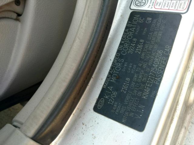 KNAFE121775408206 - 2007 KIA SPECTRA EX SILVER photo 10