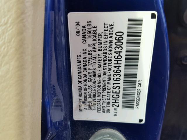 2HGES16364H643060 - 2004 HONDA CIVIC DX V BLUE photo 10