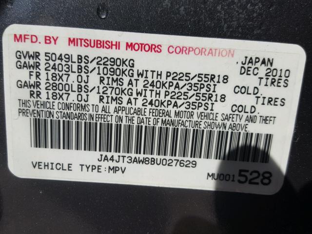 JA4JT3AW8BU027629 - 2011 MITSUBISHI OUTLANDER GRAY photo 10