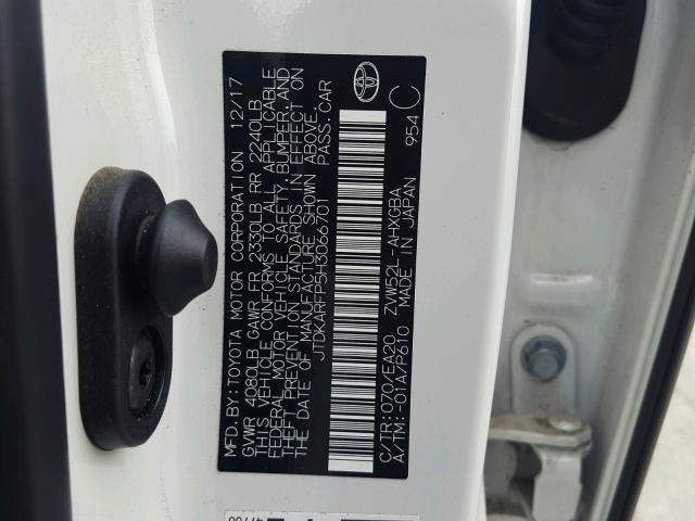 JTDKARFP5H3066701 - 2017 TOYOTA PRIUS PRIM 白色 照片 10