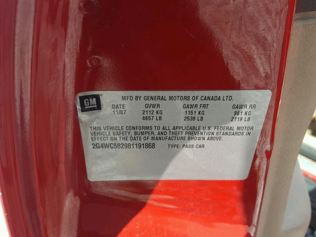 2G4WC582981191868 - 2008 BUICK LACROSSE C RED photo 10