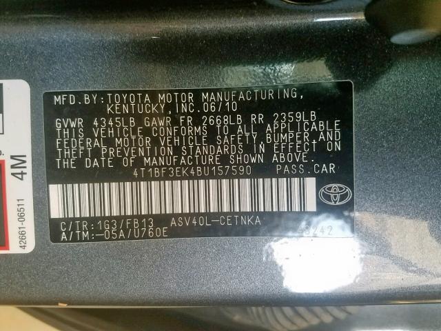 4T1BF3EK4BU157590 - 2011 TOYOTA CAMRY BASE GRAY photo 10