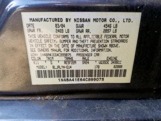 1N4BA41E64C899075 - 2004 NISSAN MAXIMA SE GRAY photo 10